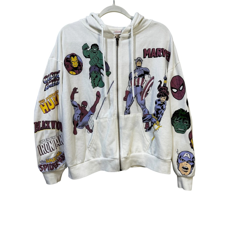 Marvel Comics Avengers Graphic Zip Up Hoodie White Mens Medium Spider-Man Hulk